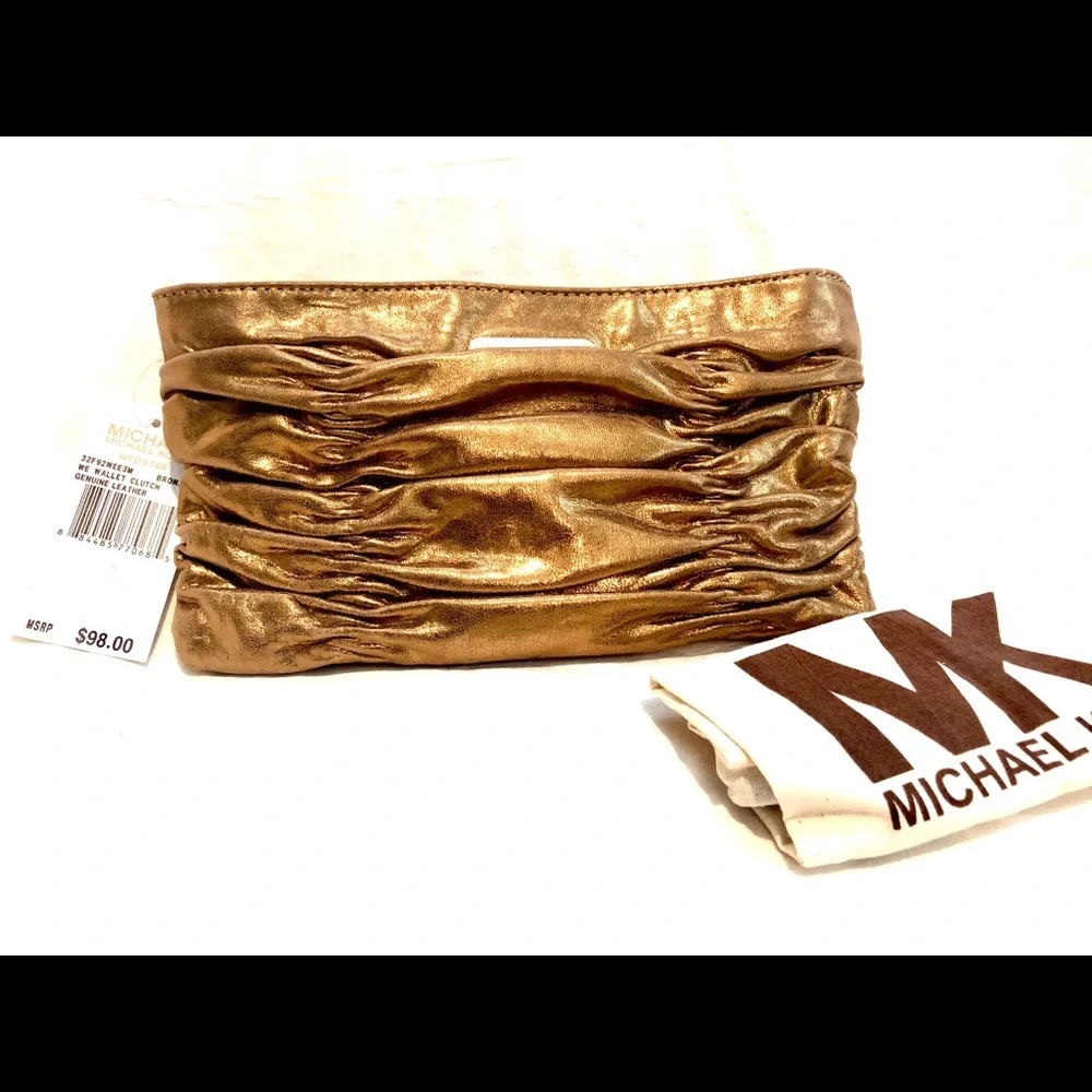 Michael Kors Metallic Gold Ruched Leather Clutch